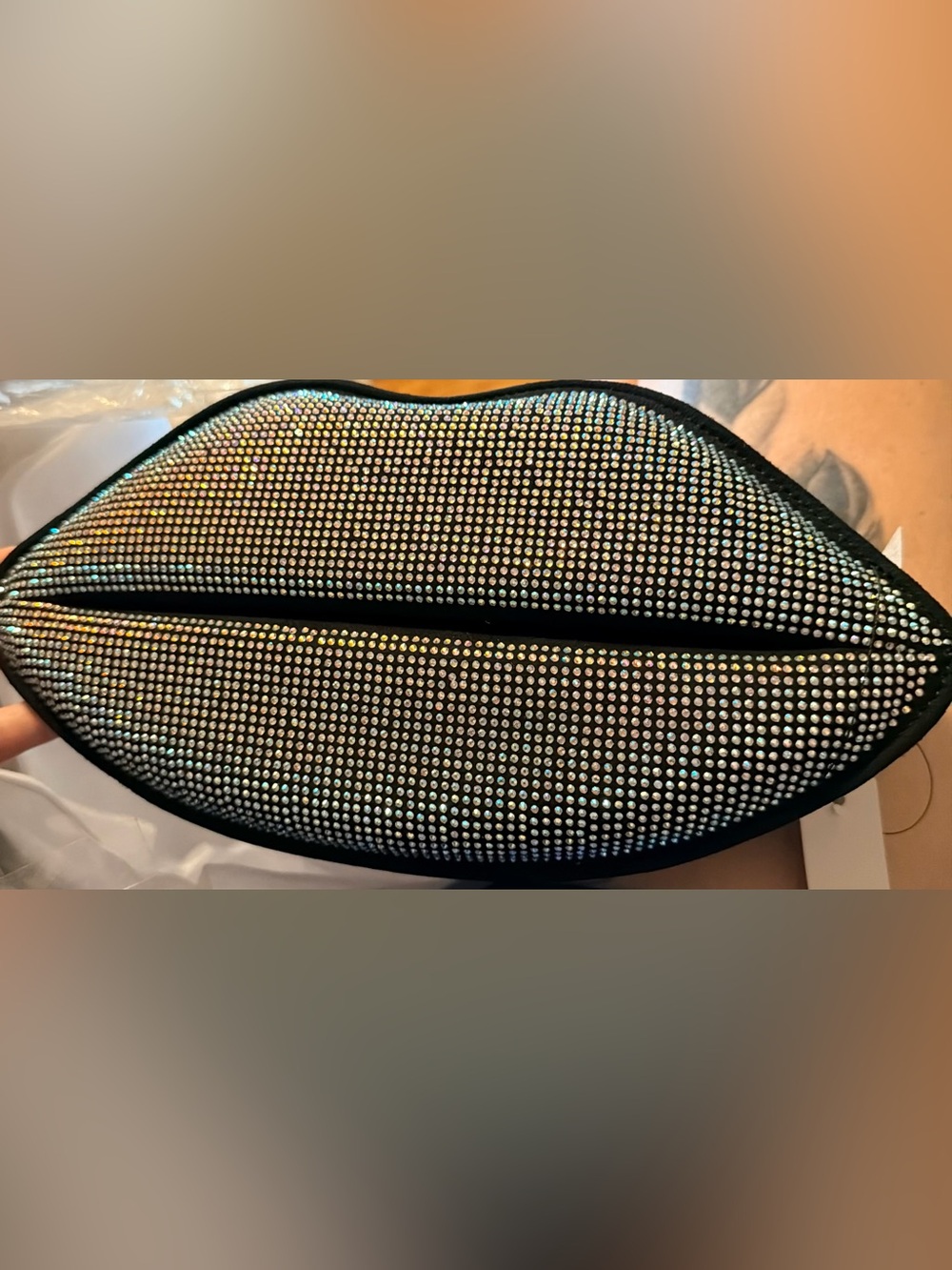 Crystal-Embellished Black Lip-Shaped Crossbody Bag